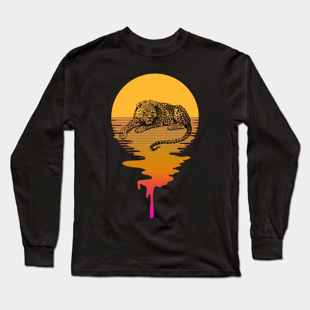 Retro Leopard On A 80's Sun Background Long Sleeve T-Shirt by iZiets